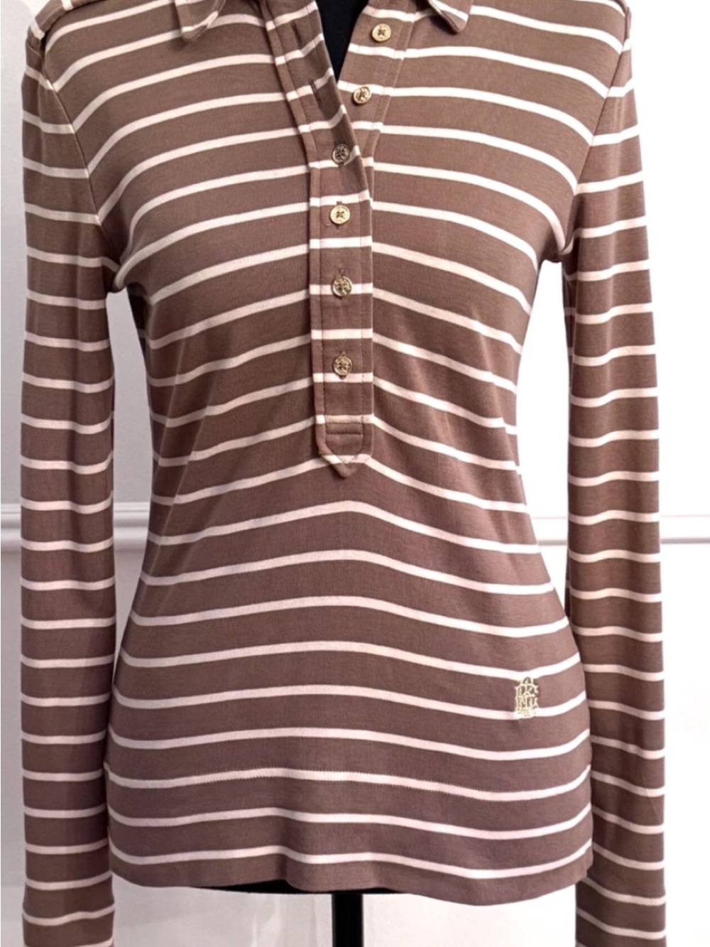 Tory Burch Brown and White Striped Long-Sleeve Polo